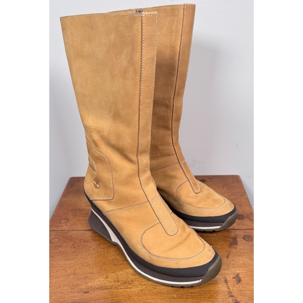 Timberland Uptown Tall Zip Wedge Boots Women's 6.5 M Wheat Nubuck Leather Preppy